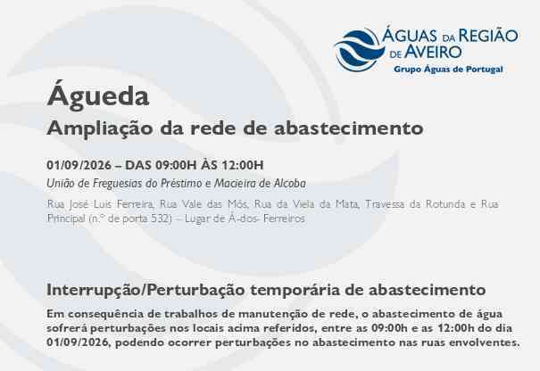 Suspensão temporária do abastecimento no Município de Águeda Suspensão temporária do abastecimento no Município de Águeda