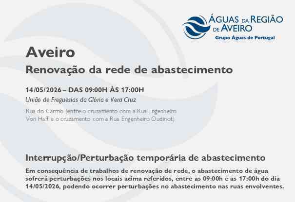 Renovação da rede suspende temporariamente o abastecimento em Aveiro Renovação da rede suspende temporariamente o abastecimento em Aveiro