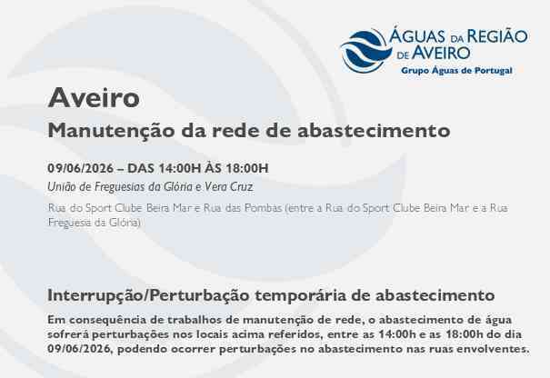 Manutenção da rede de abastecimento no Município de Aveiro obriga à suspensão temporária do abastecimento