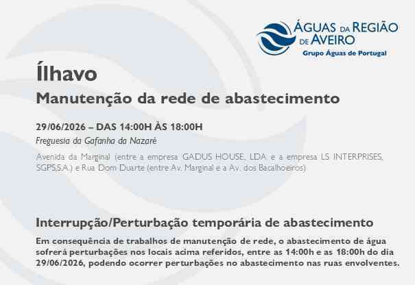 Manutenção da rede obriga à suspensão temporária do abastecimento em Ílhavo