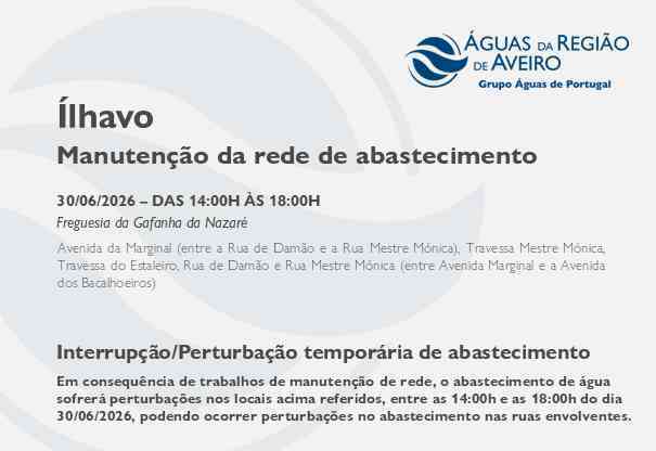 Manutenção da rede de abastecimento no Município de Ílhavo obriga à suspensão temporária do abastecimento