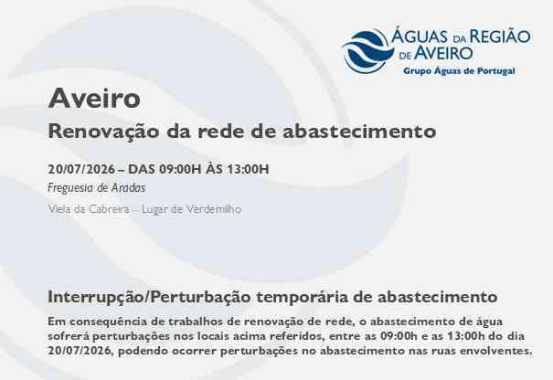 Renovação da rede obriga à suspensão temporária do abastecimento em Aveiro Renovação da rede obriga à suspensão temporária do abastecimento em Aveiro