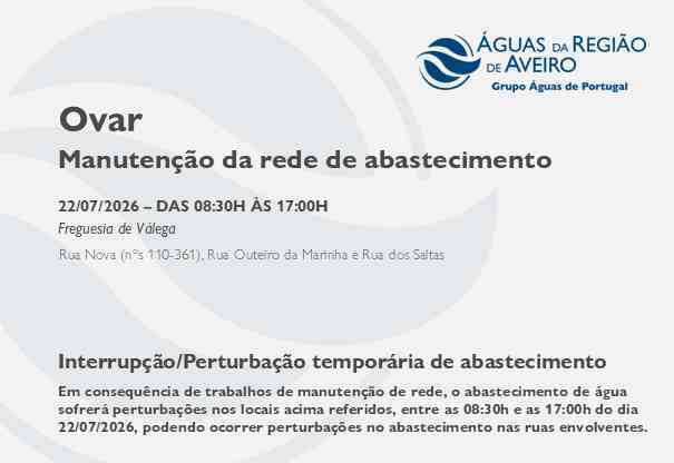 Manutenção da rede em Válega obriga à suspensão temporária do abastecimento Manutenção da rede em Válega obriga à suspensão temporária do abastecimento