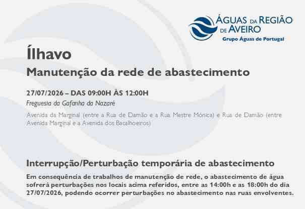 Manutenção da rede suspende abastecimento em Ílhavo