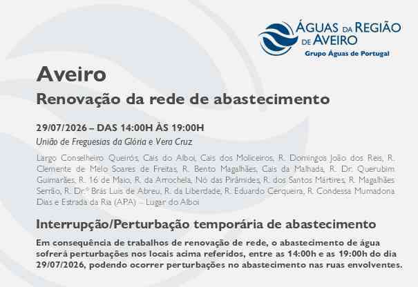 Renovação da rede em Aveiro obriga à suspensão temporária do abastecimento Renovação da rede em Aveiro obriga à suspensão temporária do abastecimento
