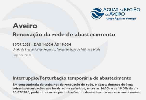 Renovação da rede no Município de Aveiro obriga à suspensão temporária do abastecimento Renovação da rede no Município de Aveiro obriga à suspensão temporária do abastecimento