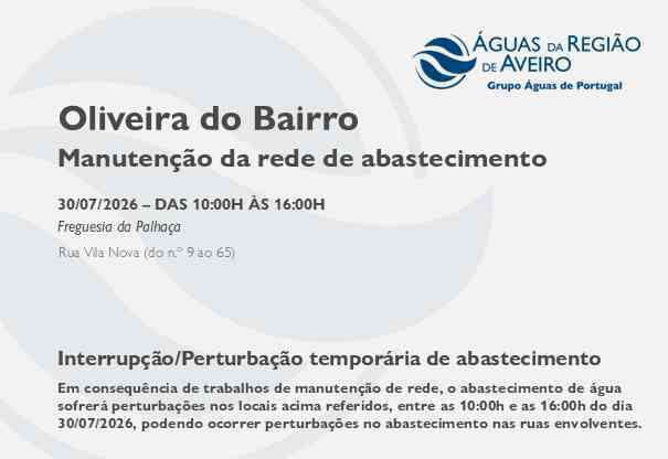 Manutenção da rede em Oliveira do Bairro obriga à suspensão temporária do abastecimento