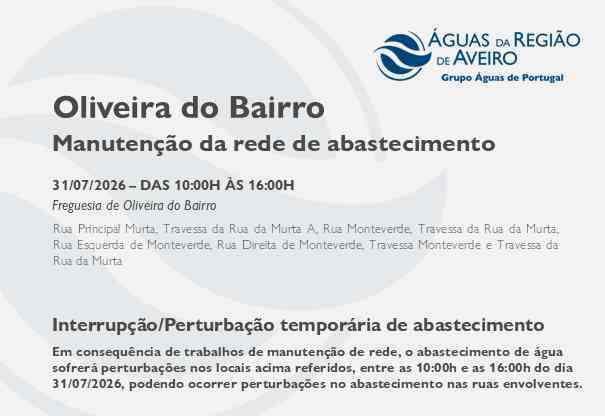 Manutenção da rede de abastecimento no Município de Oliveira do Bairro obriga à suspensão temporária do abastecimento