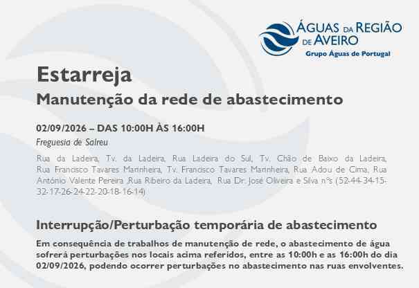 Suspensão temporária do abastecimento na Freguesia de Salreu Suspensão temporária do abastecimento na Freguesia de Salreu