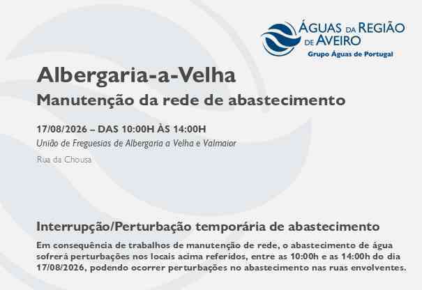 Manutenção da rede de abastecimento no Município de Albergaria-a-Velha obriga à suspensão/perturbação temporária do abastecimento Manutenção da rede de abastecimento no Município de Albergaria-a-Velha obriga à suspensão/perturbação temporária do abastecimento
