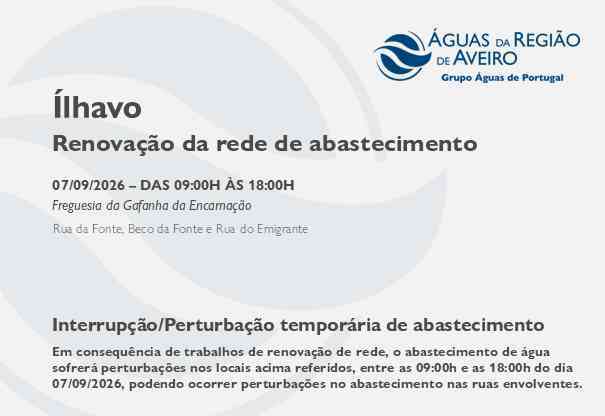 Suspensão temporária do abastecimento em Ílhavo Suspensão temporária do abastecimento em Ílhavo