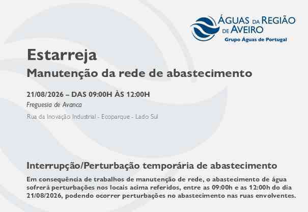 Suspensão temporária do abastecimento na freguesia de Avanca Suspensão temporária do abastecimento na freguesia de Avanca