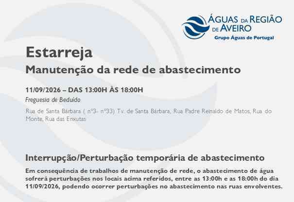 Manutenção da rede obriga à suspensão temporária do abastecimento em Estarreja Manutenção da rede obriga à suspensão temporária do abastecimento em Estarreja