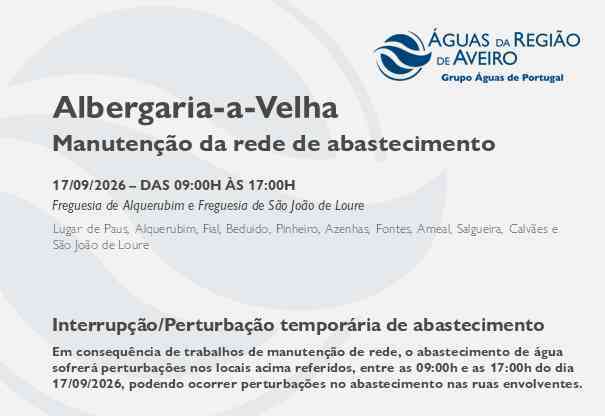 Suspensão temporária de abastecimento no Município de Albergaria-a-Velha Suspensão temporária de abastecimento no Município de Albergaria-a-Velha