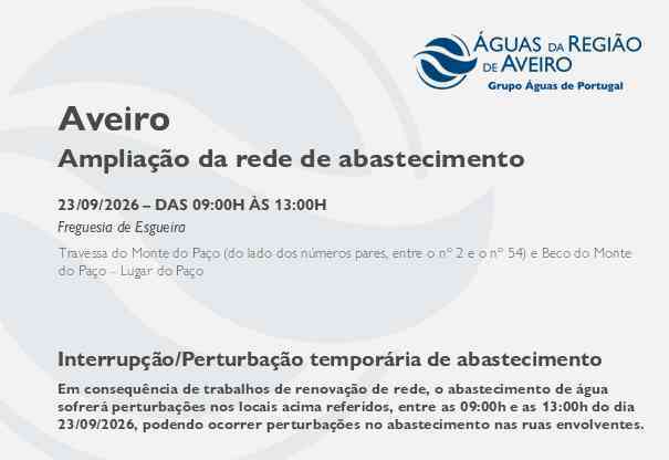 Suspensão temporária do abastecimento no Município de Aveiro Suspensão temporária do abastecimento no Município de Aveiro