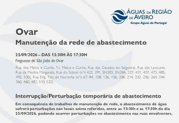 Suspensão temporária do abastecimento em São João de Ovar Suspensão temporária do abastecimento em São João de Ovar