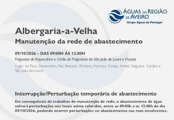 Suspensão temporária do abastecimento em Albergaria-a-Velha Suspensão temporária do abastecimento em Albergaria-a-Velha