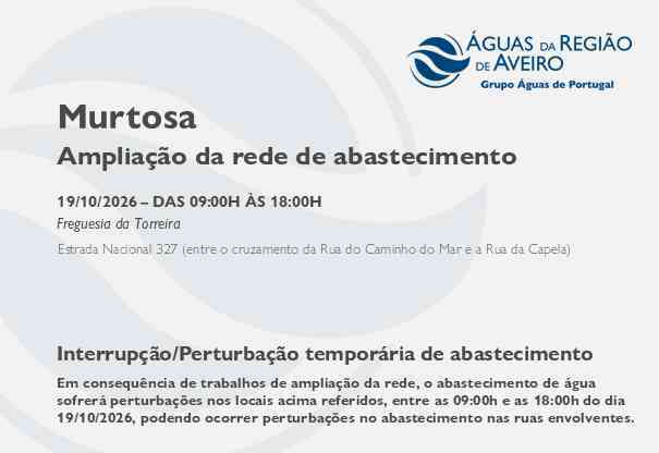 Suspensão temporária do abastecimento no Município da Murtosa Suspensão temporária do abastecimento no Município da Murtosa