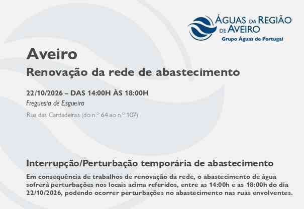 Suspensão temporária do abastecimento no concelho de Ovar