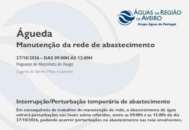 Suspensão temporária do abastecimento no concelho de Águeda
