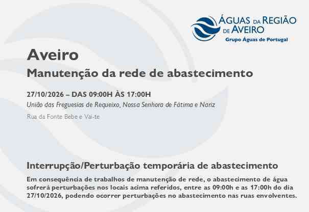 Suspensão temporária do abastecimento no Município de Aveiro Suspensão temporária do abastecimento no Município de Aveiro