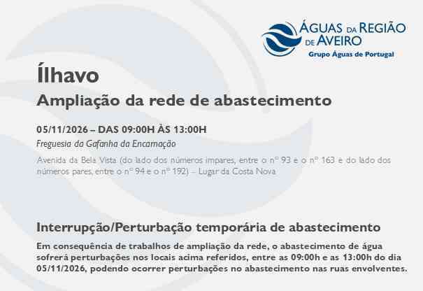 Suspensão temporária do abastecimento em Ílhavo Suspensão temporária do abastecimento em Ílhavo