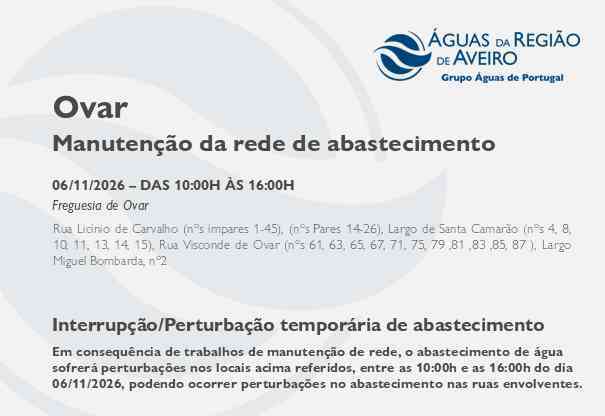 Suspensão temporária do abastecimento no Município de Ovar Suspensão temporária do abastecimento no Município de Ovar